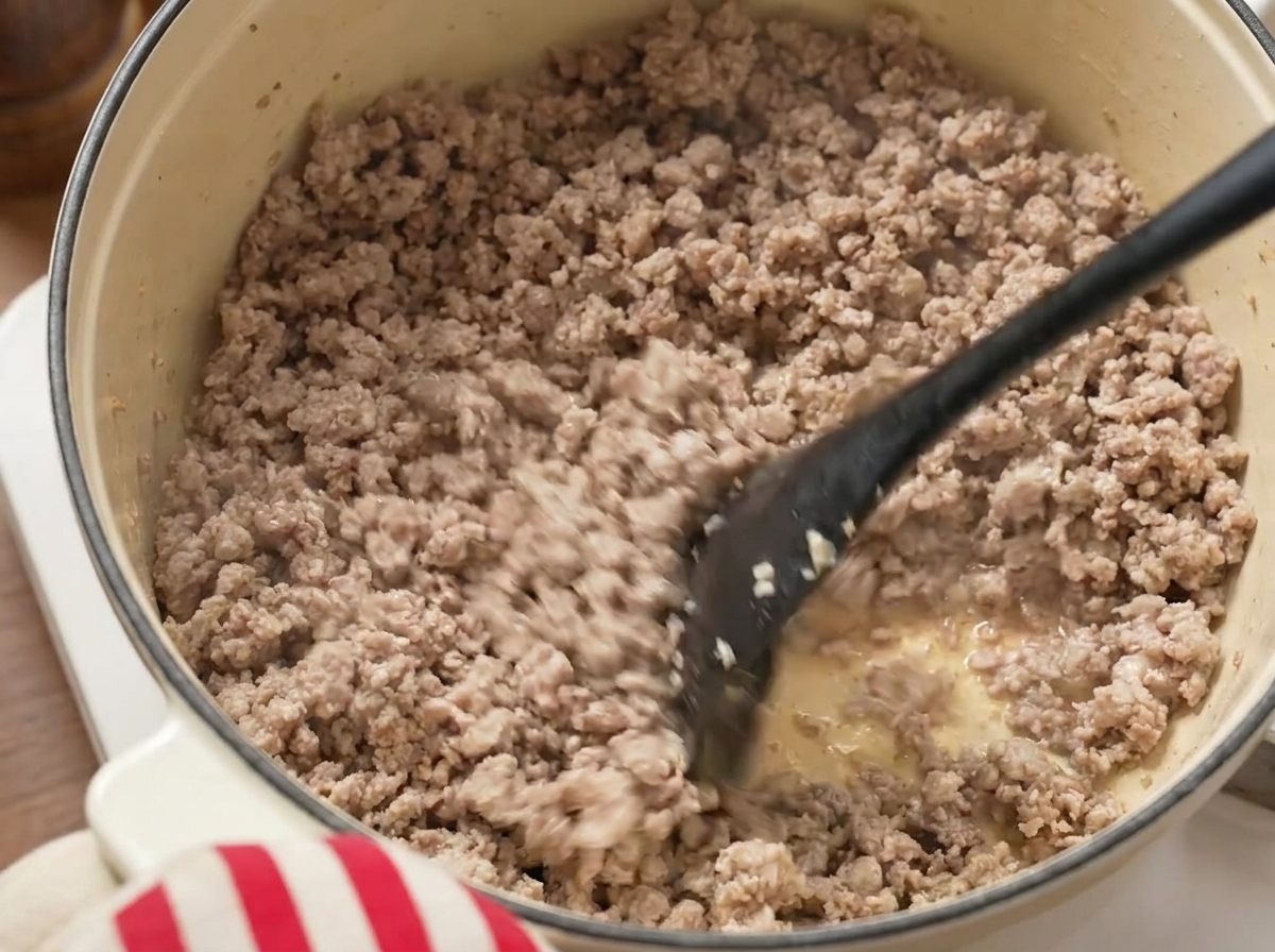 Stir-frying a mixture of minced pork and beef in a pot using a black spatula.