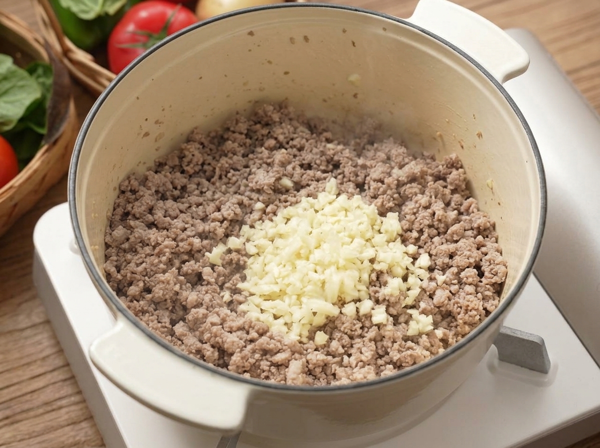 A pile of fresh minced garlic added over browned minced meat in a white pot.