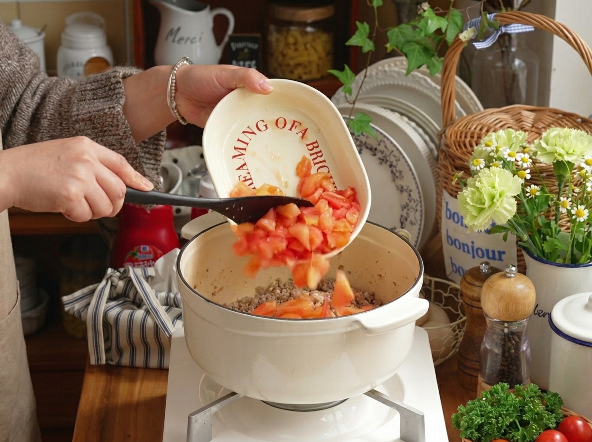 Fresh diced tomatoes being added to the cooked meat mixture in the pot.