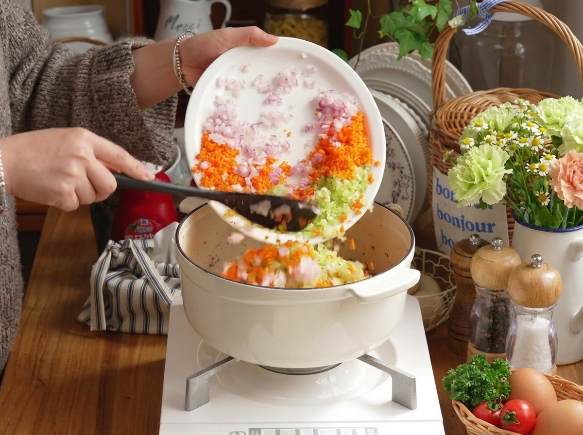 Chopped carrots, celery, and onions being added to the meat and tomato mixture.