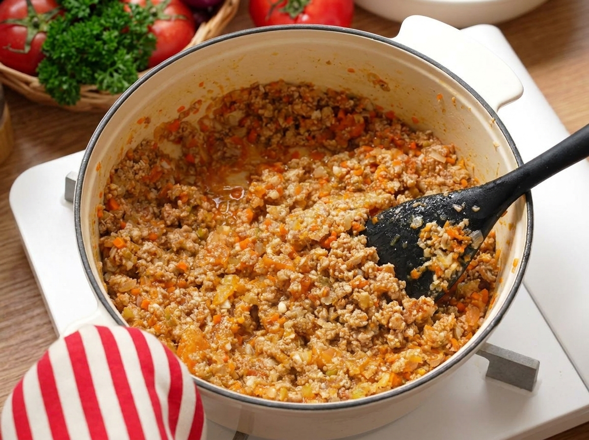 A colorful mix of meat, carrots, celery, and onions being stirred in the cooking pot.