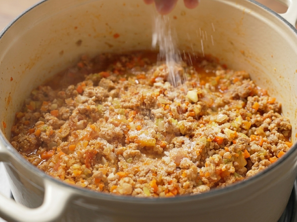 Salt being sprinkled over the browning meat and vegetable mixture in the pot.