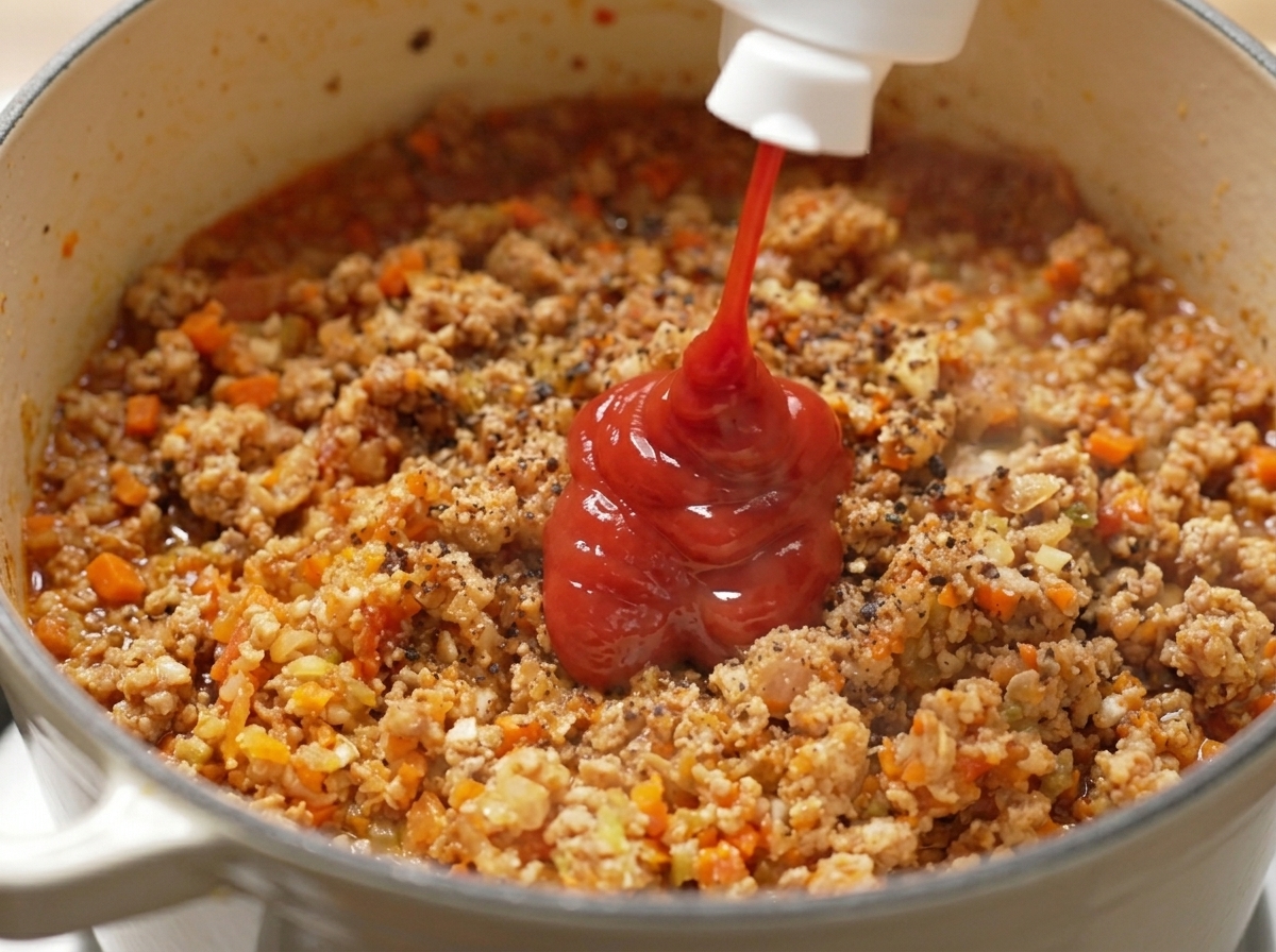 Ketchup being added to the meat sauce in the pot, with visible black pepper already mixed in.
