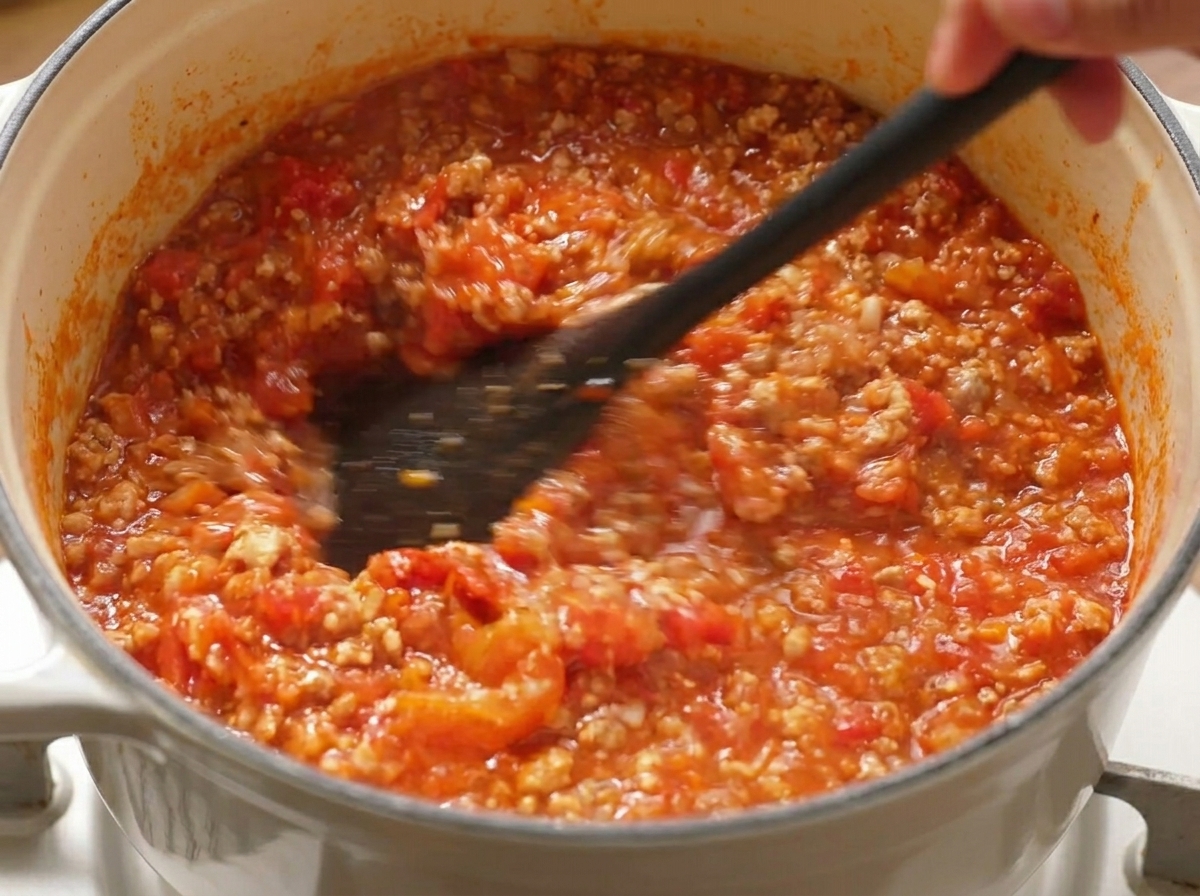 Spatula mixing diced tomatoes and finely chopped vegetables into browned minced meat in a white pot.