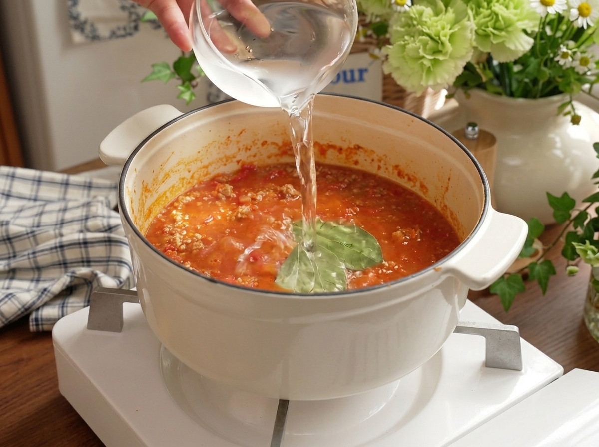 Clear water being poured from a small glass bowl into a pot containing tomato-meat sauce and bay leaves.