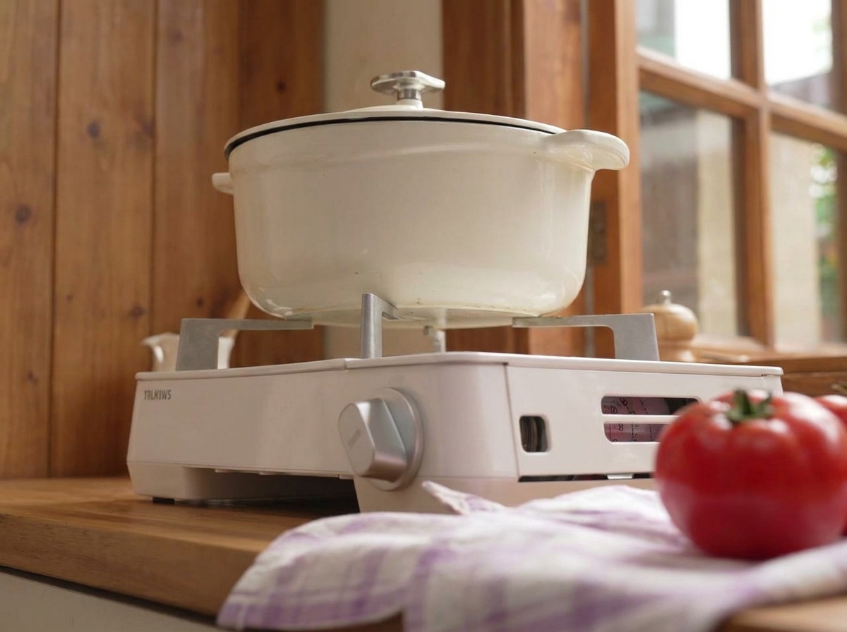 A lid being placed on a white pot sitting on a stove, with the sauce simmering inside.