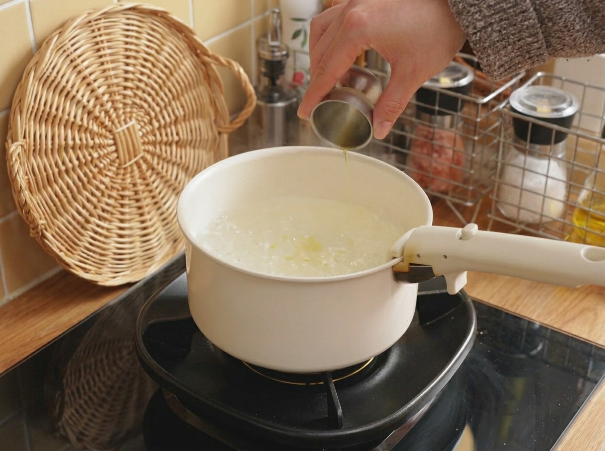 Oil being poured from a small metal measuring cup into a pot of boiling water.
