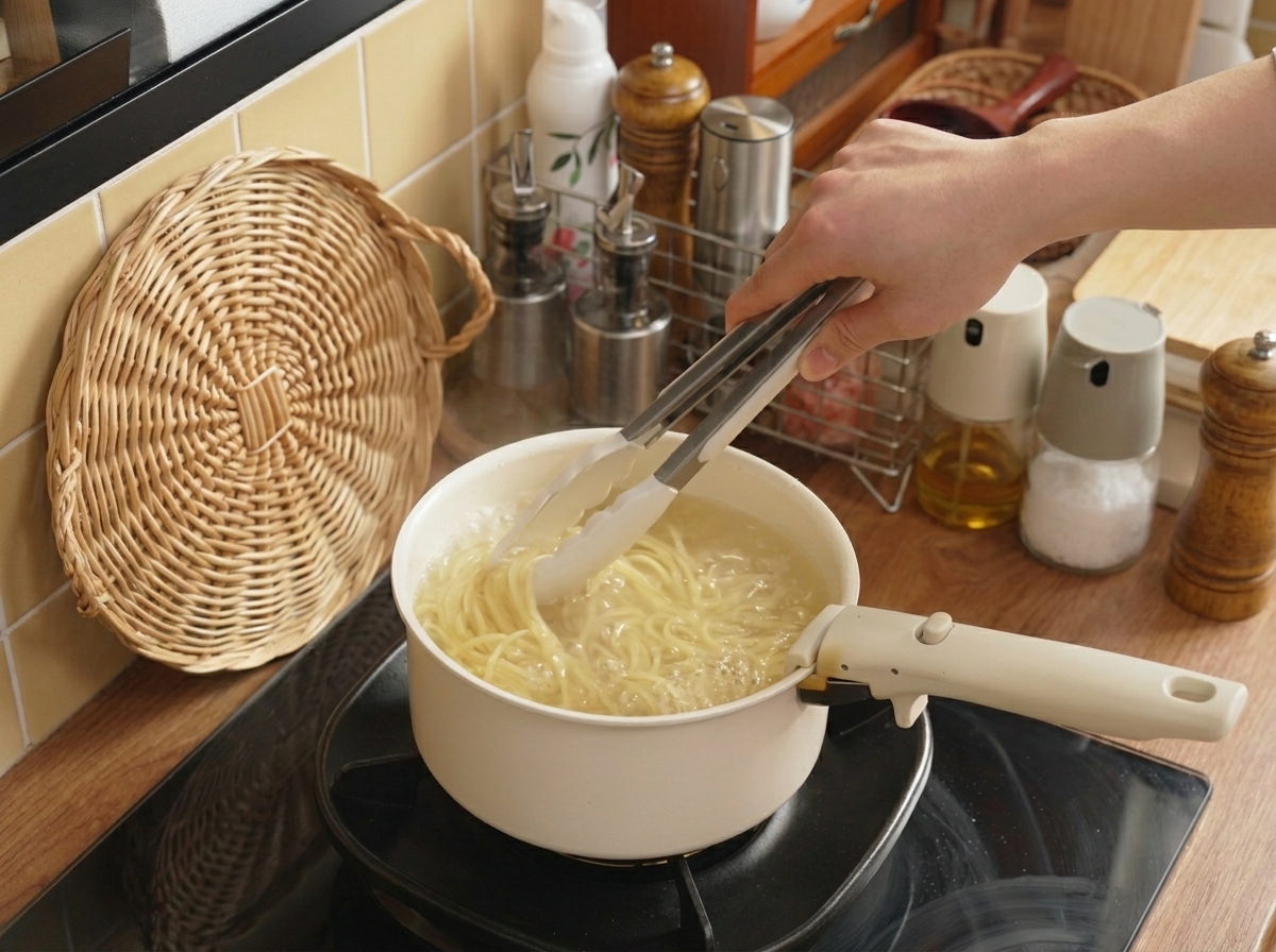 Metal tongs being used to stir and submerge cooking spaghetti in a pot of water.