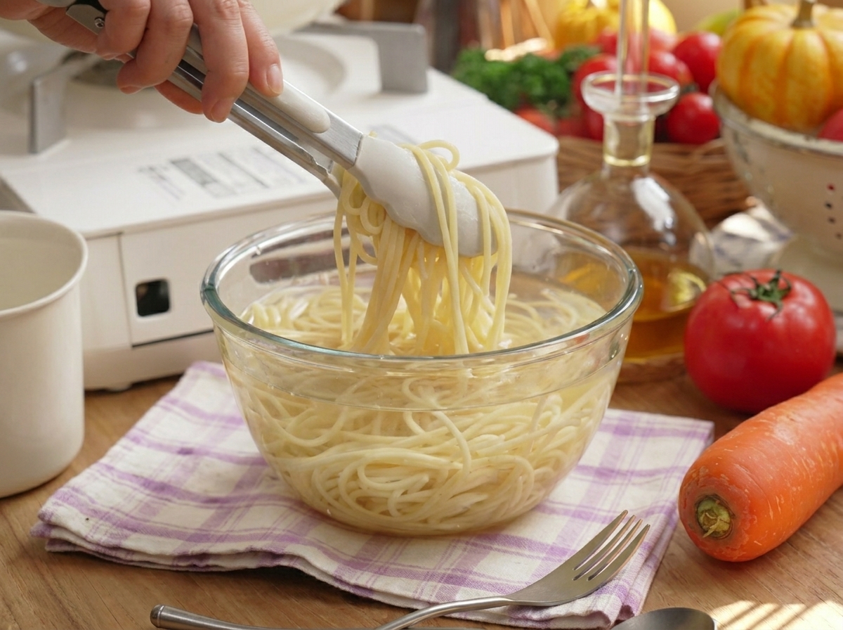 Cooked spaghetti being transferred with tongs from a boiling pot into a glass bowl of cold water.