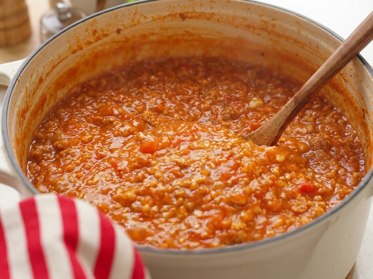 A deeply colored, thick tomato meat sauce simmering in a pot, being stirred with a wooden spoon.