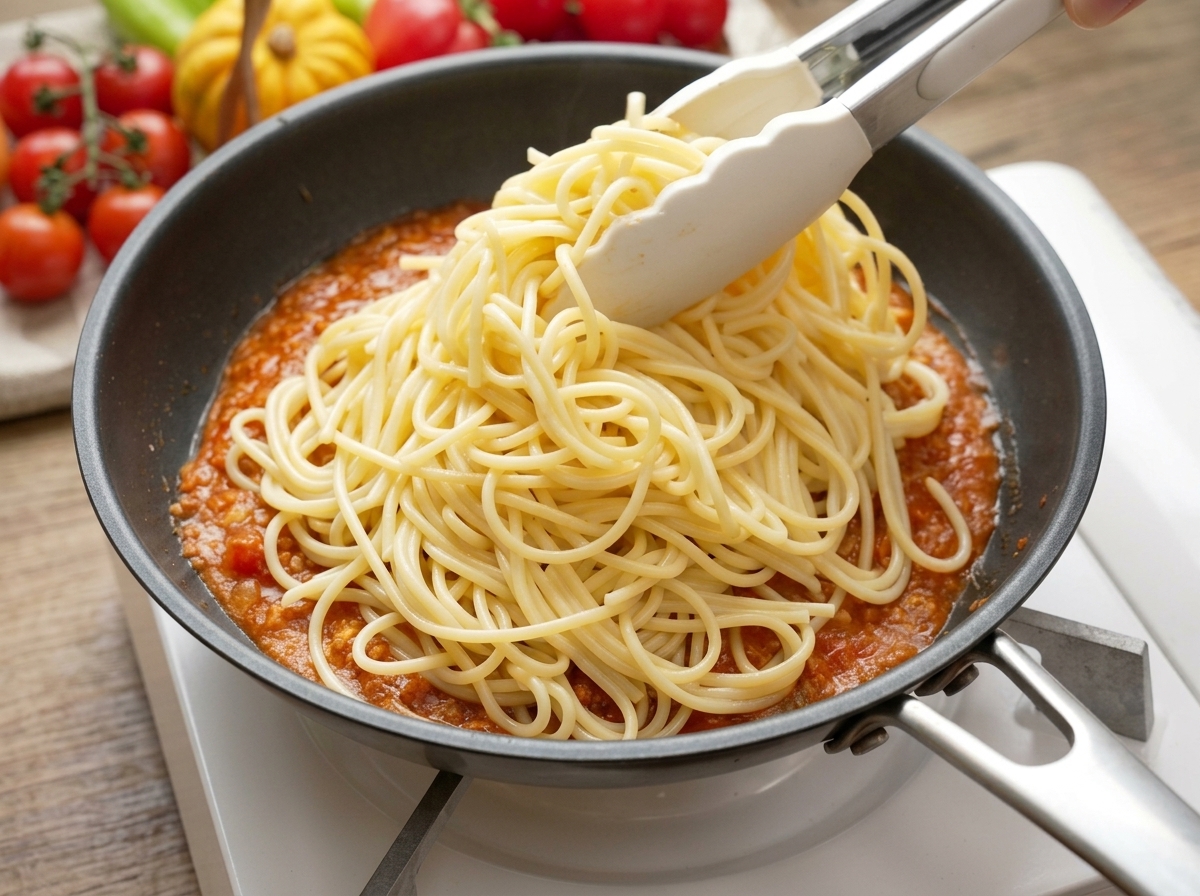 Tongs placing cooked spaghetti into a black frying pan that holds a portion of heated tomato meat sauce.