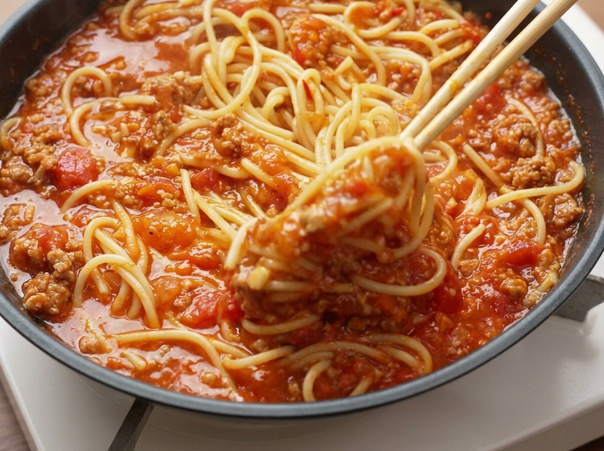 Spaghetti and meat sauce being tossed together in a frying pan using wooden chopsticks to evenly coat the noodles.