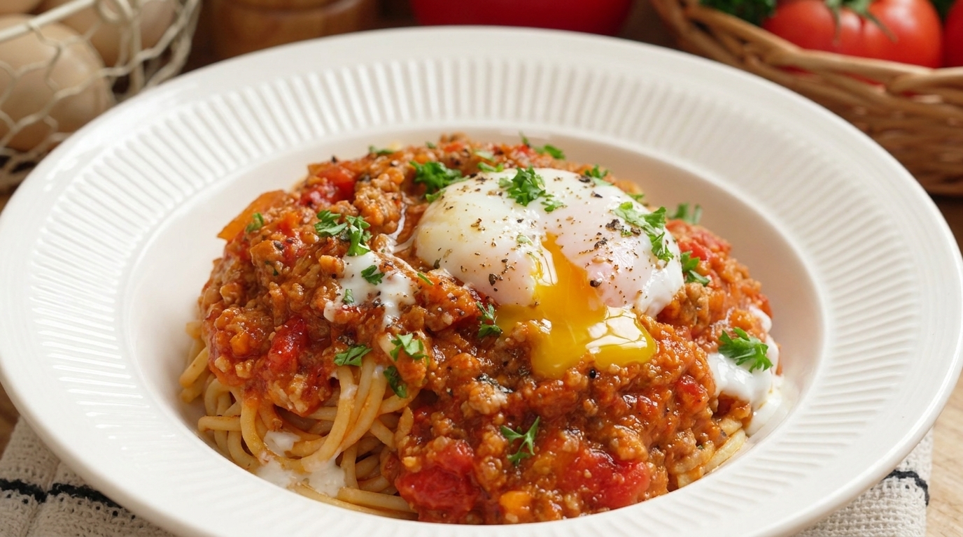 Tomato Meat Sauce Pasta with Onsen Egg
