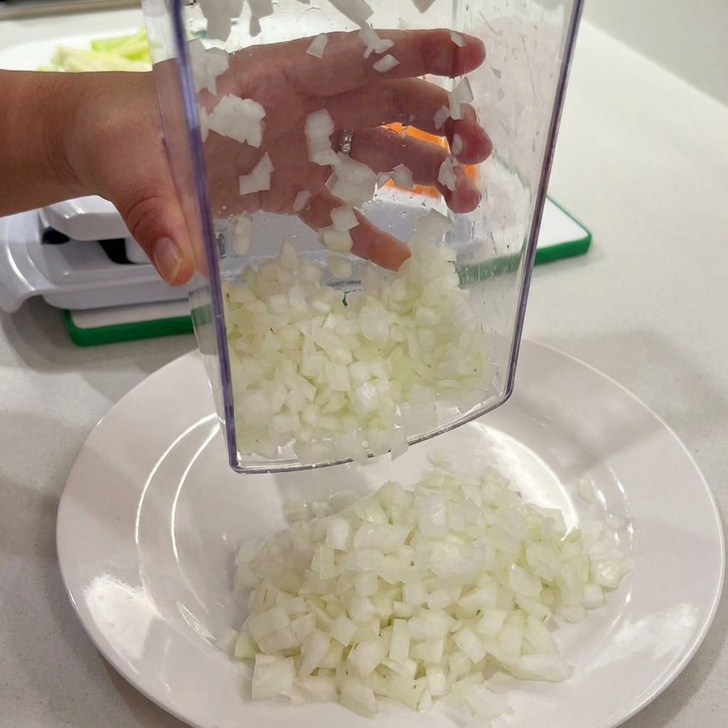 A hand using a clear plastic vegetable chopper to dispense diced white onions onto a white plate.