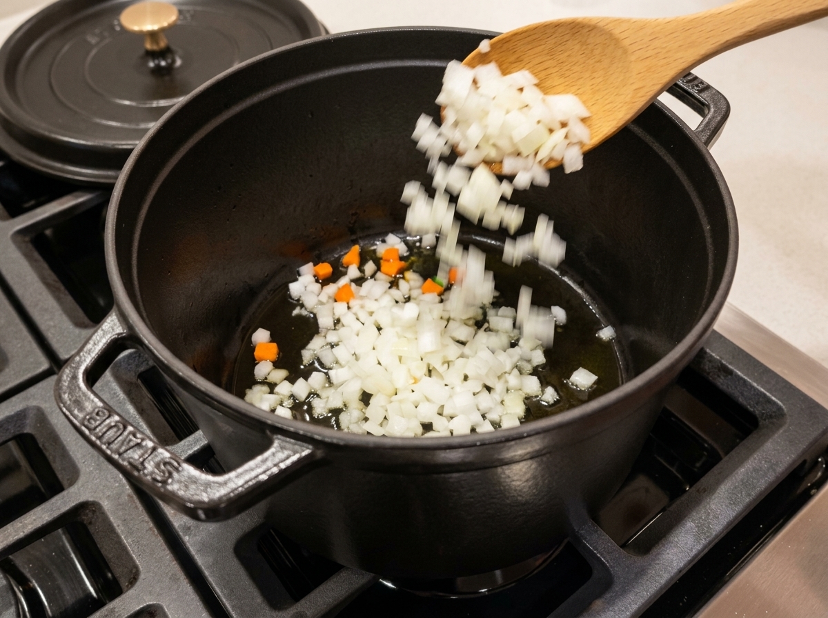 Diced onions sliding off a wooden spoon into a dark pot with heated oil.