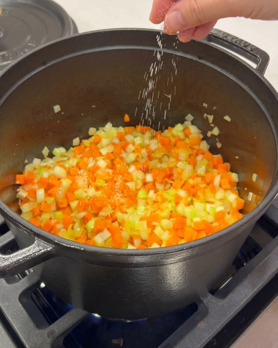 A hand sprinkling coarse salt into a pot of sautéing chopped vegetables.