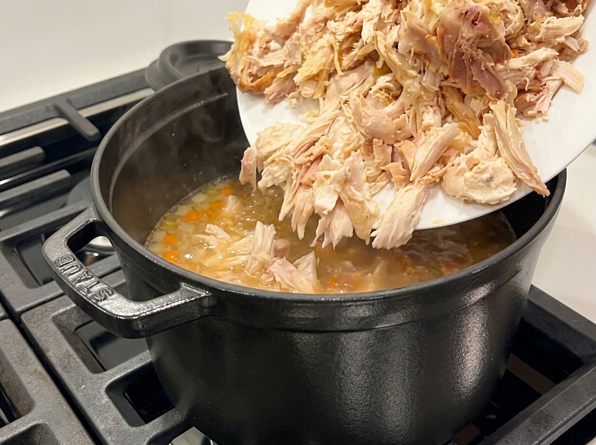 Shredded chicken being added from a white plate into a black pot of simmering soup.