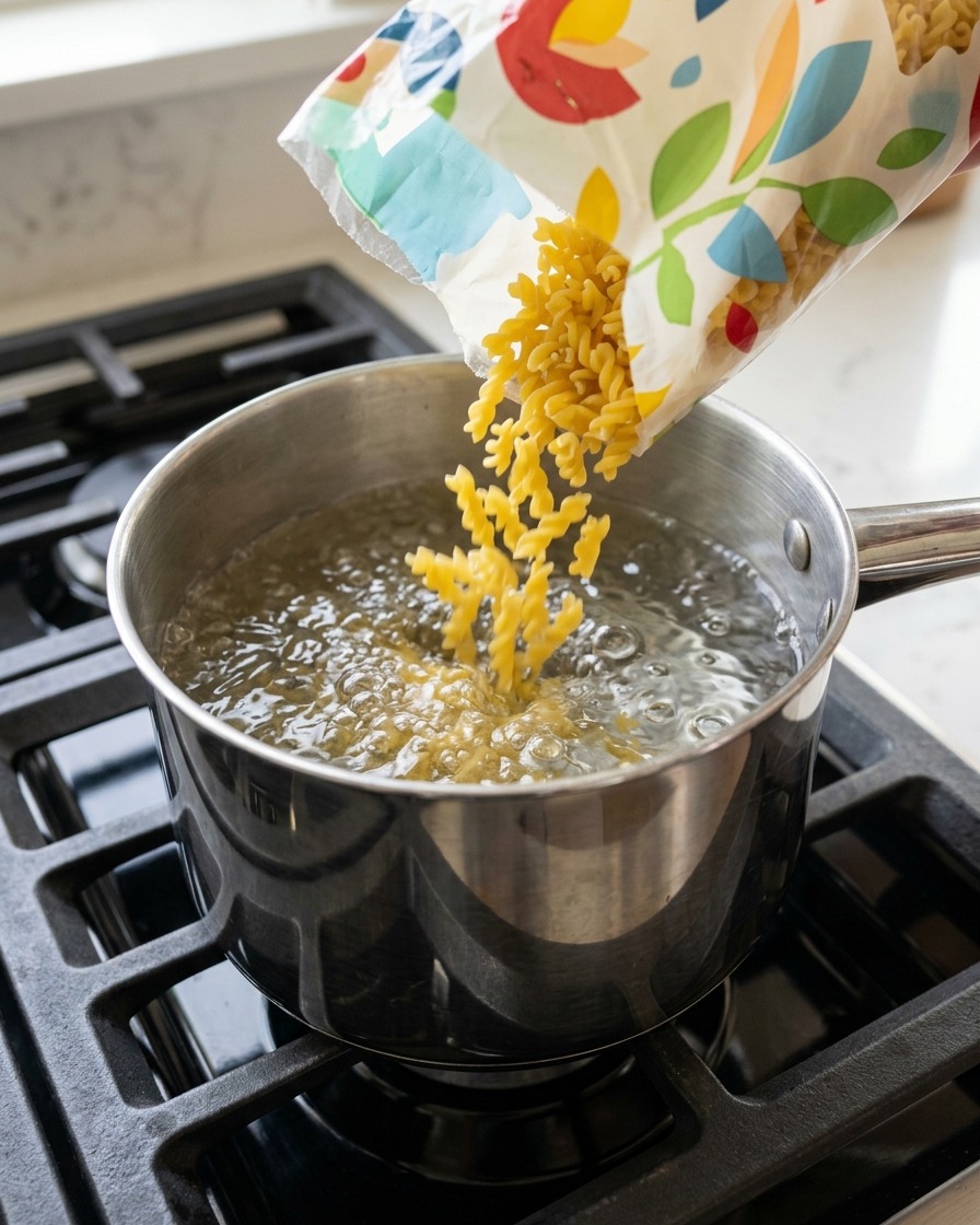 Dry, wide egg noodles being poured from a bag into a saucepan of boiling water on a stovetop.