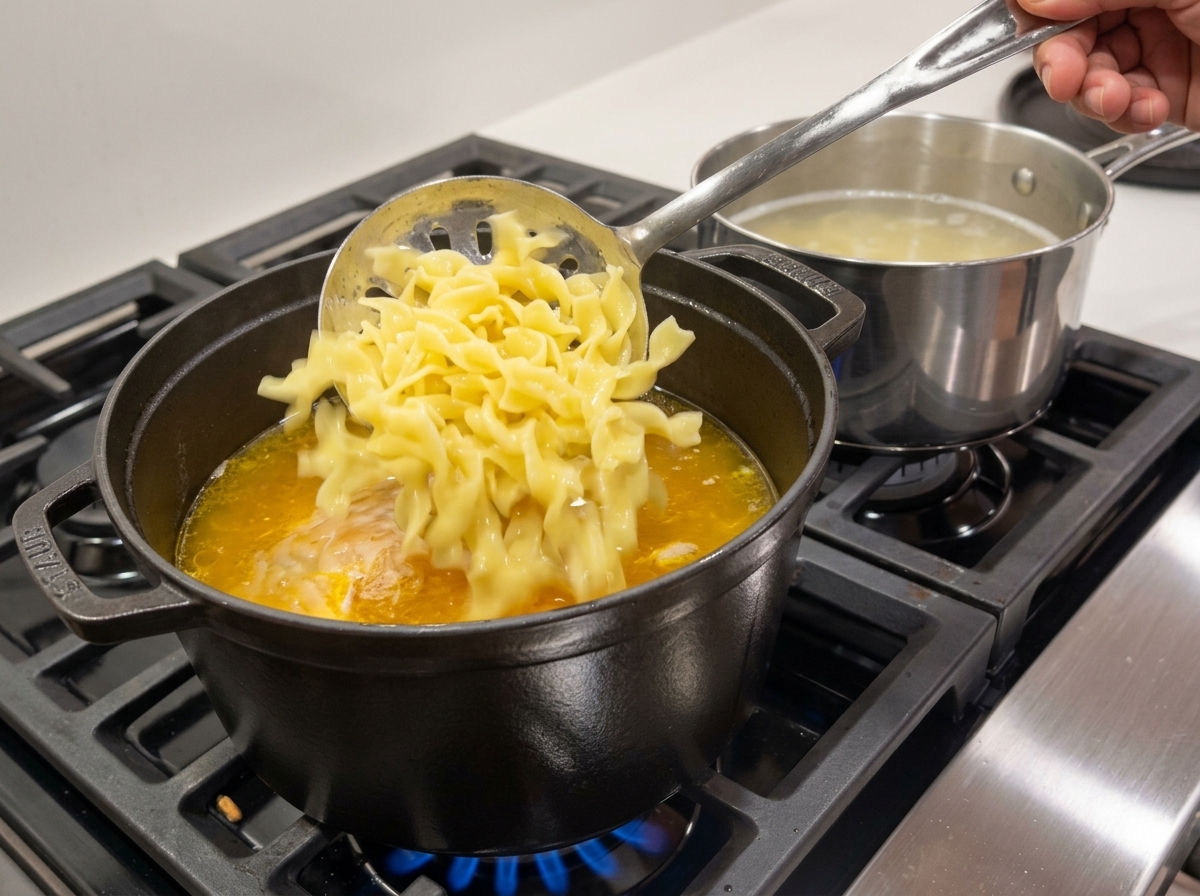 Boiled egg noodles being transferred with a slotted spoon into a pot of simmering chicken vegetable soup.