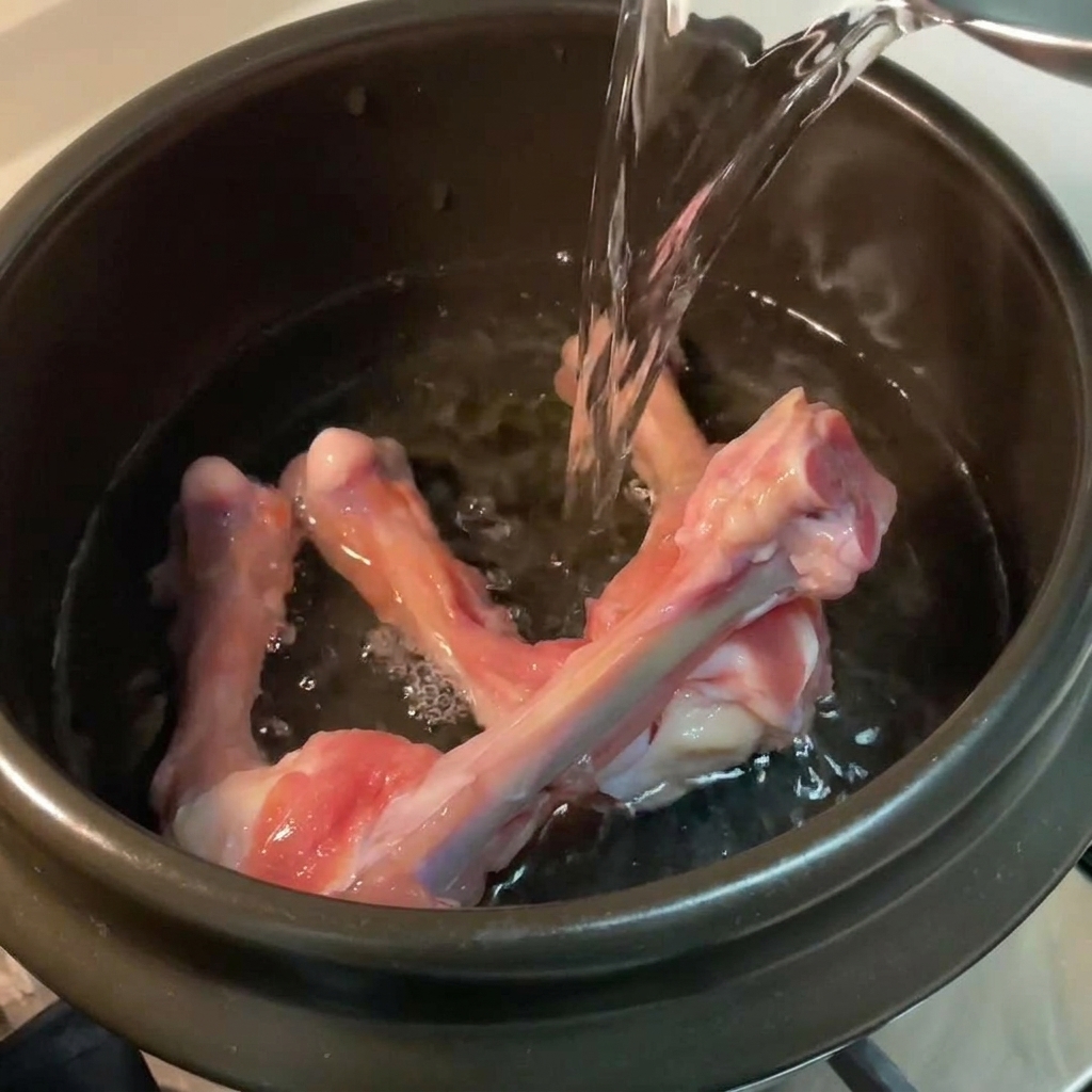 Clear water being poured into a black stone pot containing raw chicken bones.
