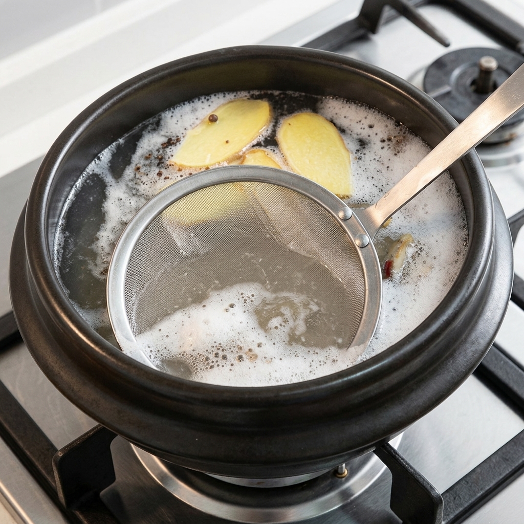 A metal mesh skimmer removing gray foam from the surface of a boiling chicken broth.