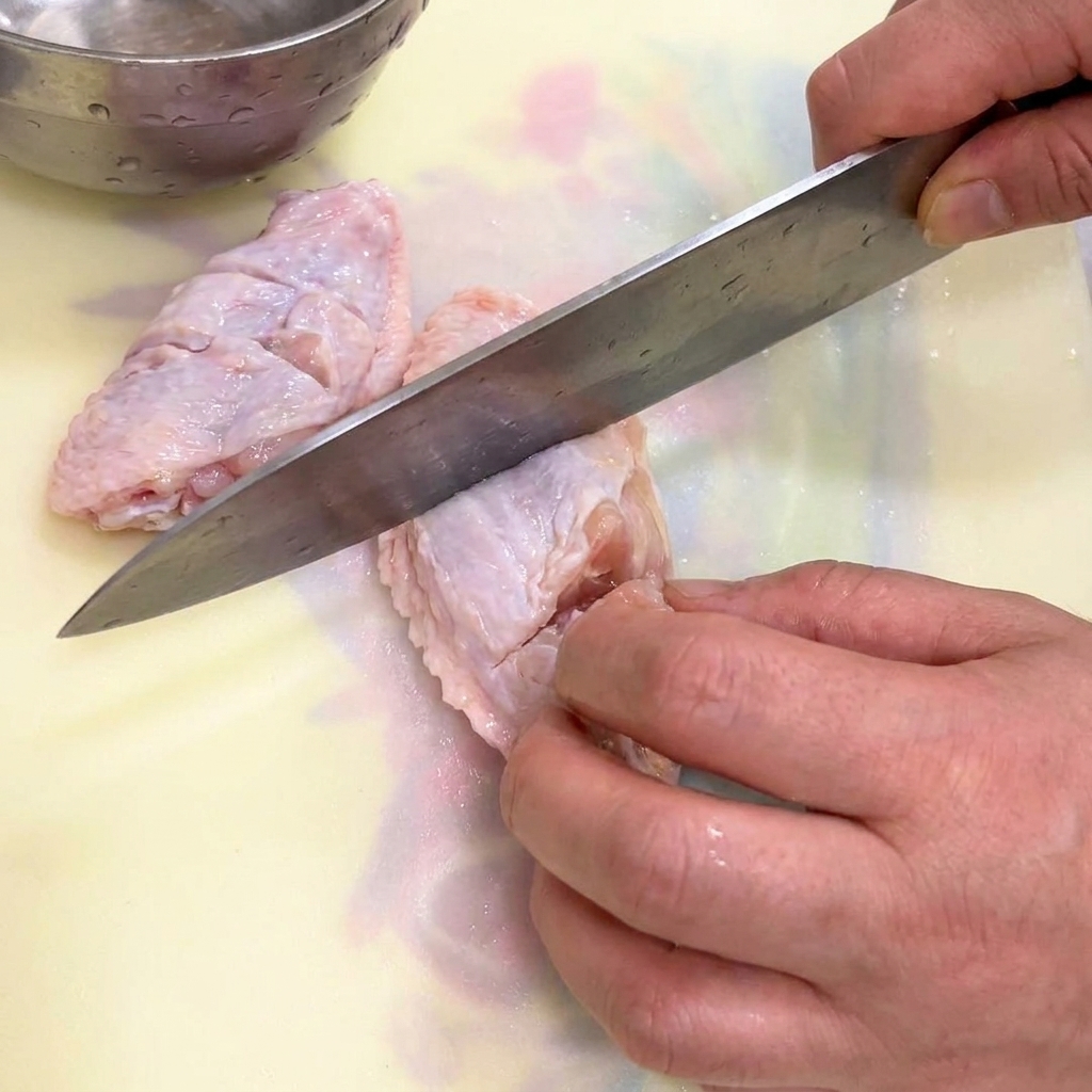 A close-up view of a knife scoring the skin of raw chicken wings on a cutting board.