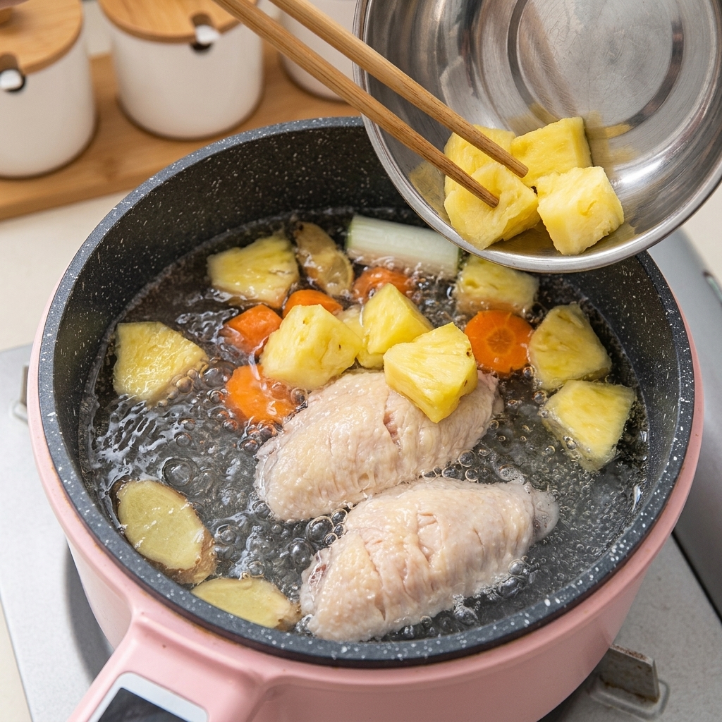 Diced carrots and potatoes being dropped into the pot with the chicken wings and broth.