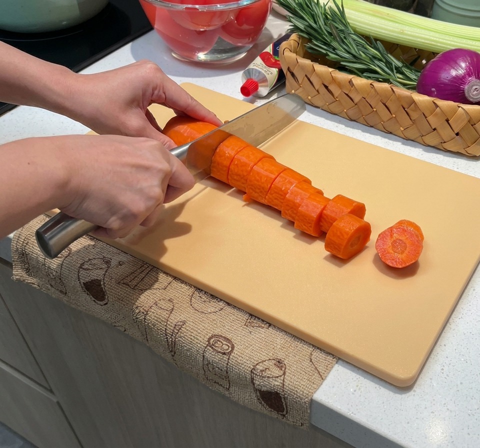 A person slicing a fresh carrot into even rounds on a cutting board.