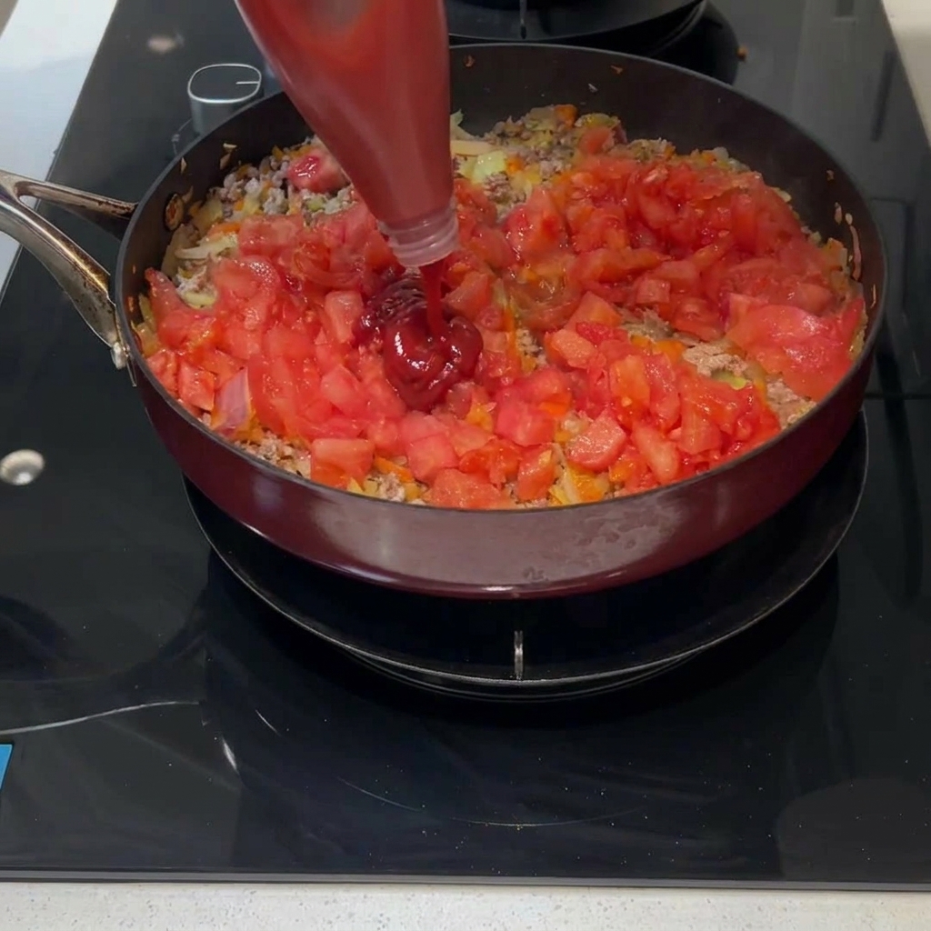 Red tomato paste being squeezed from a tube into a pan with tomatoes, meat, and vegetables.