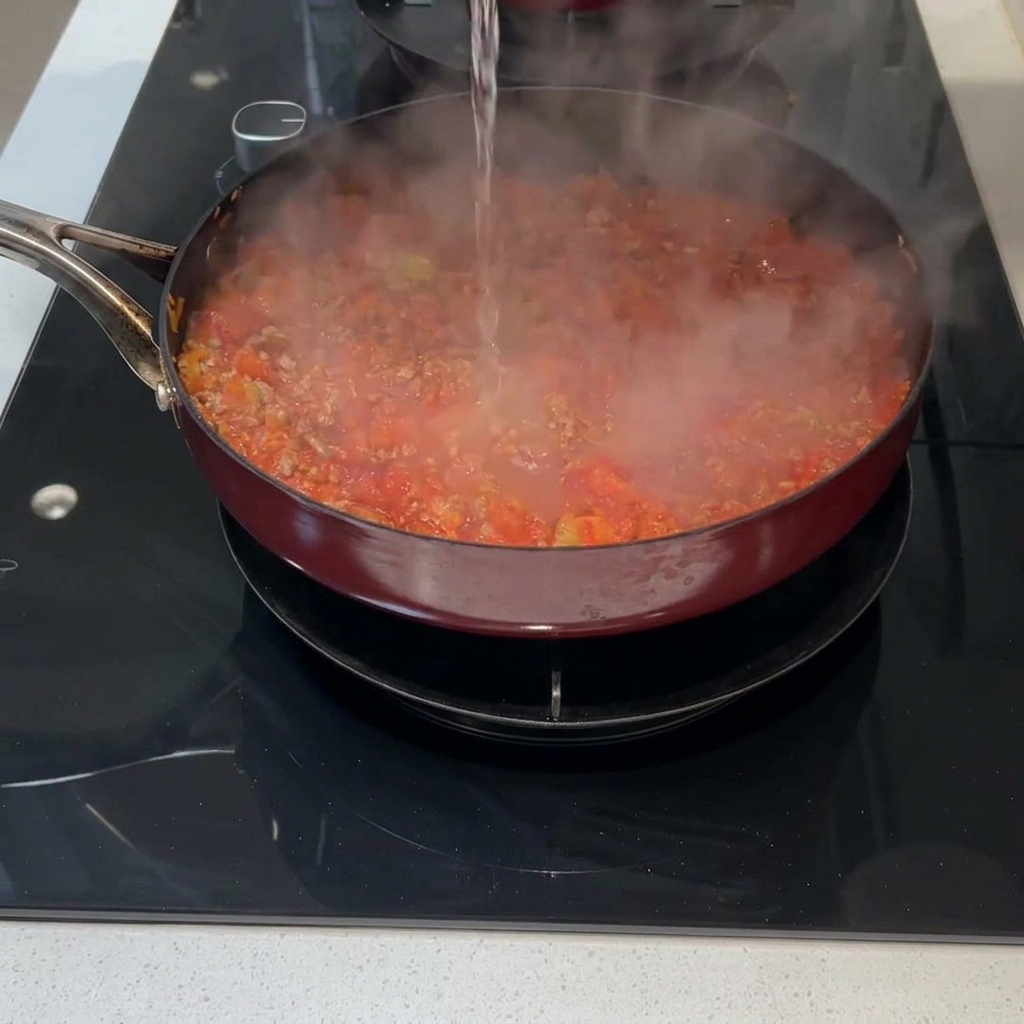 Clear water being poured into a pan to cover the meat, vegetables, and tomatoes.