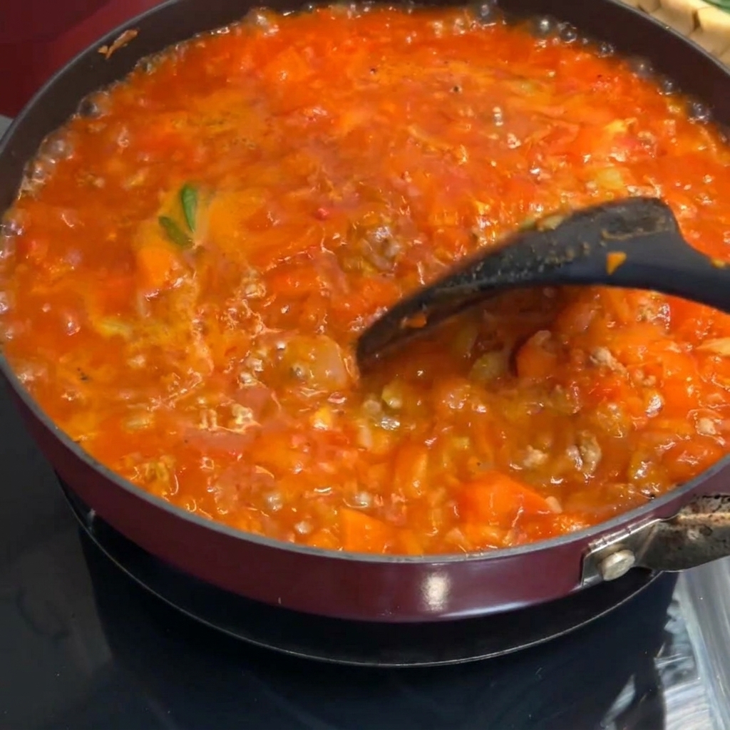 A thick, bubbling red meat sauce being stirred in a pan with a black spatula.