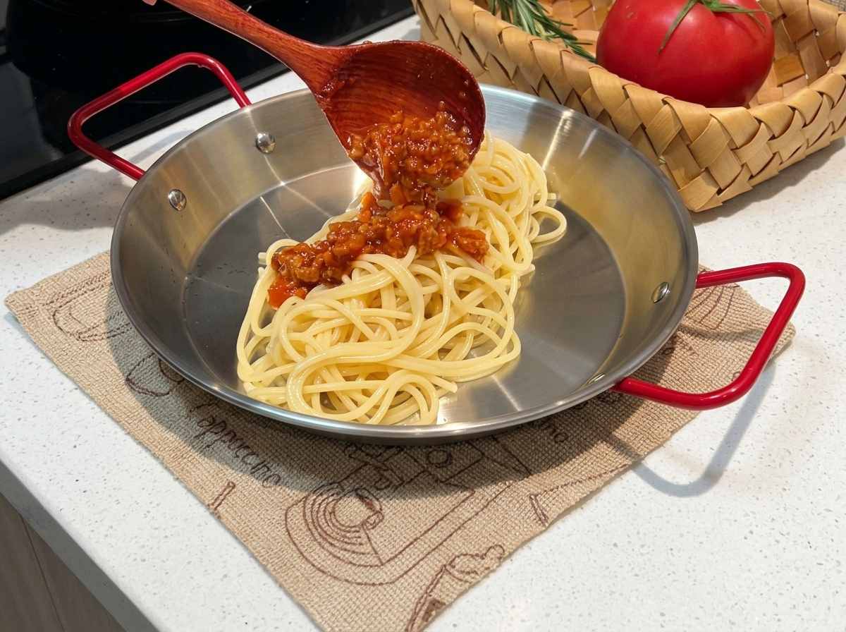 A portion of cooked spaghetti in a pan with thick, hearty meat sauce being spooned over it.
