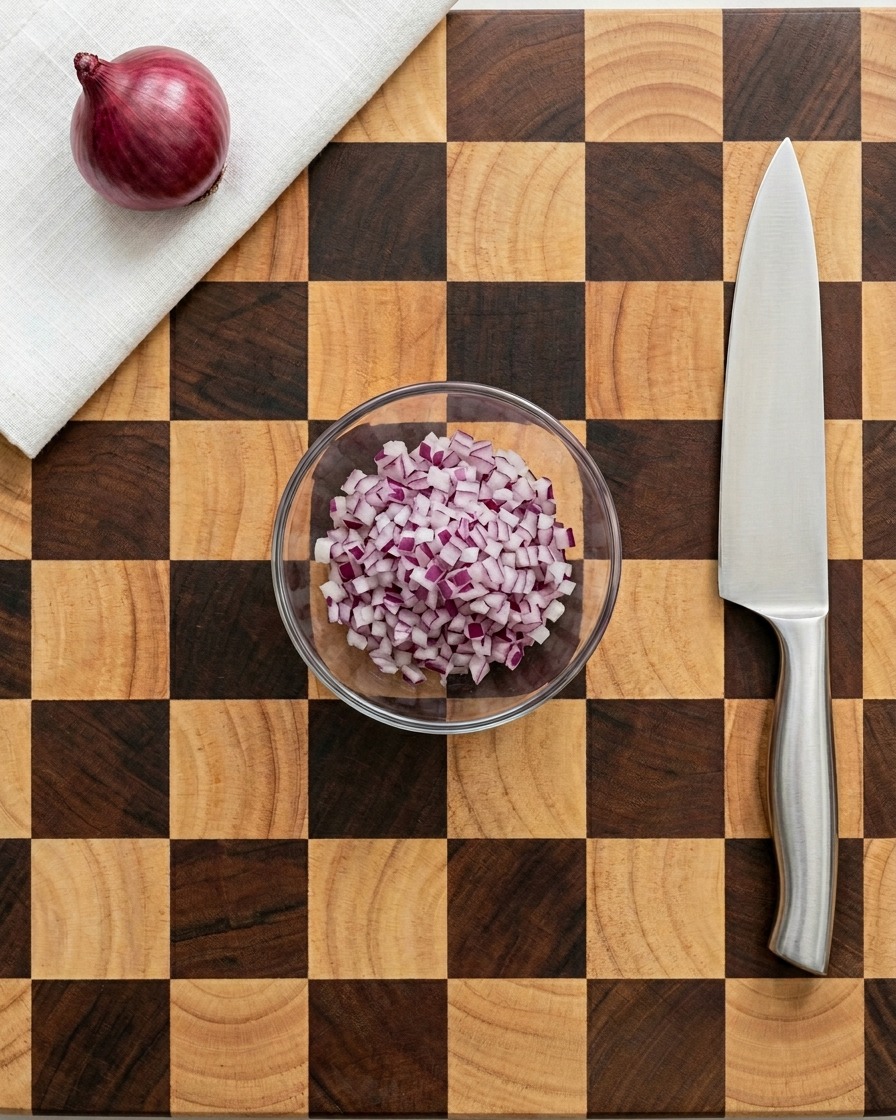 Finely diced red onion pieces sitting in a small glass bowl.