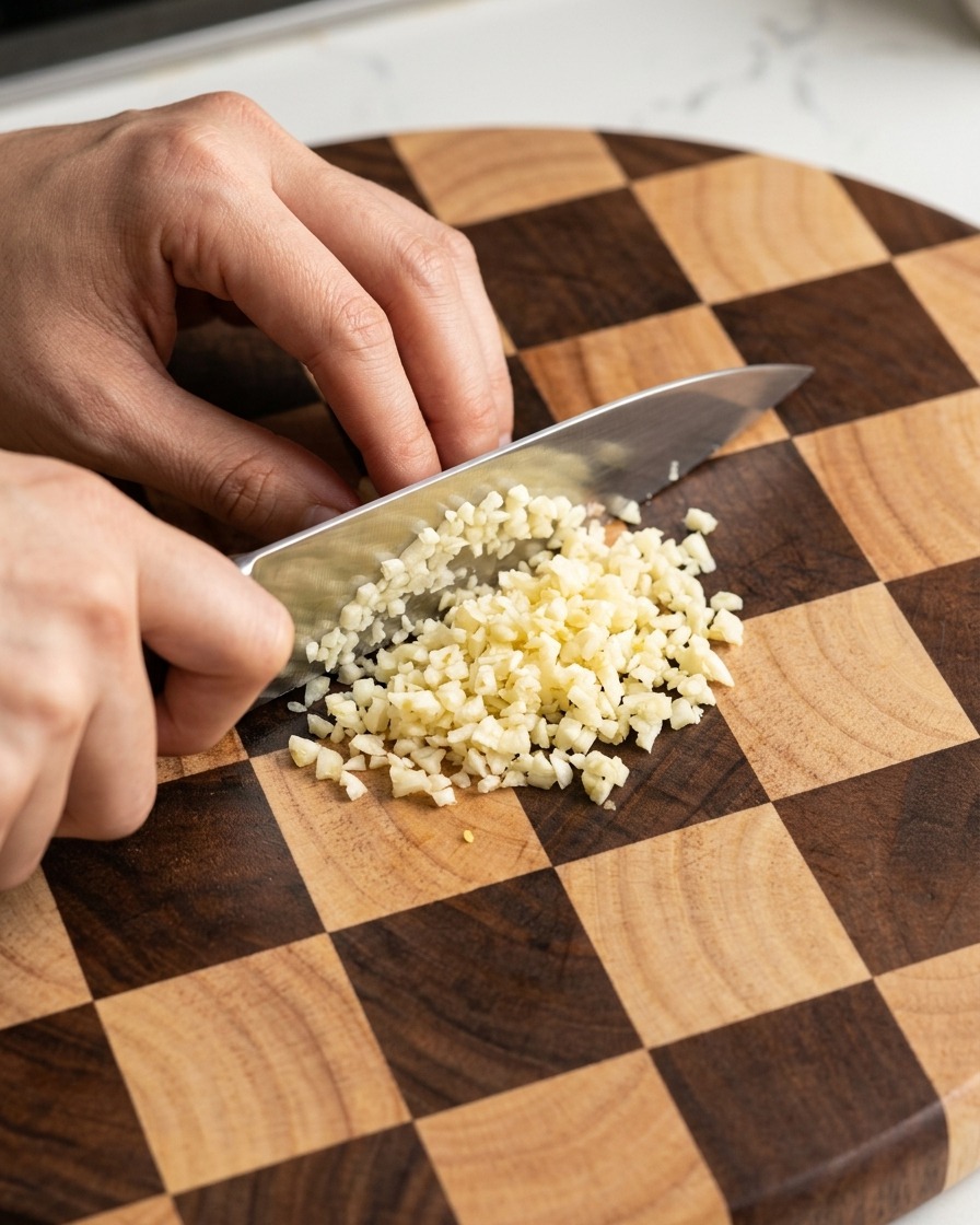 A pile of finely minced fresh garlic on a cutting board.