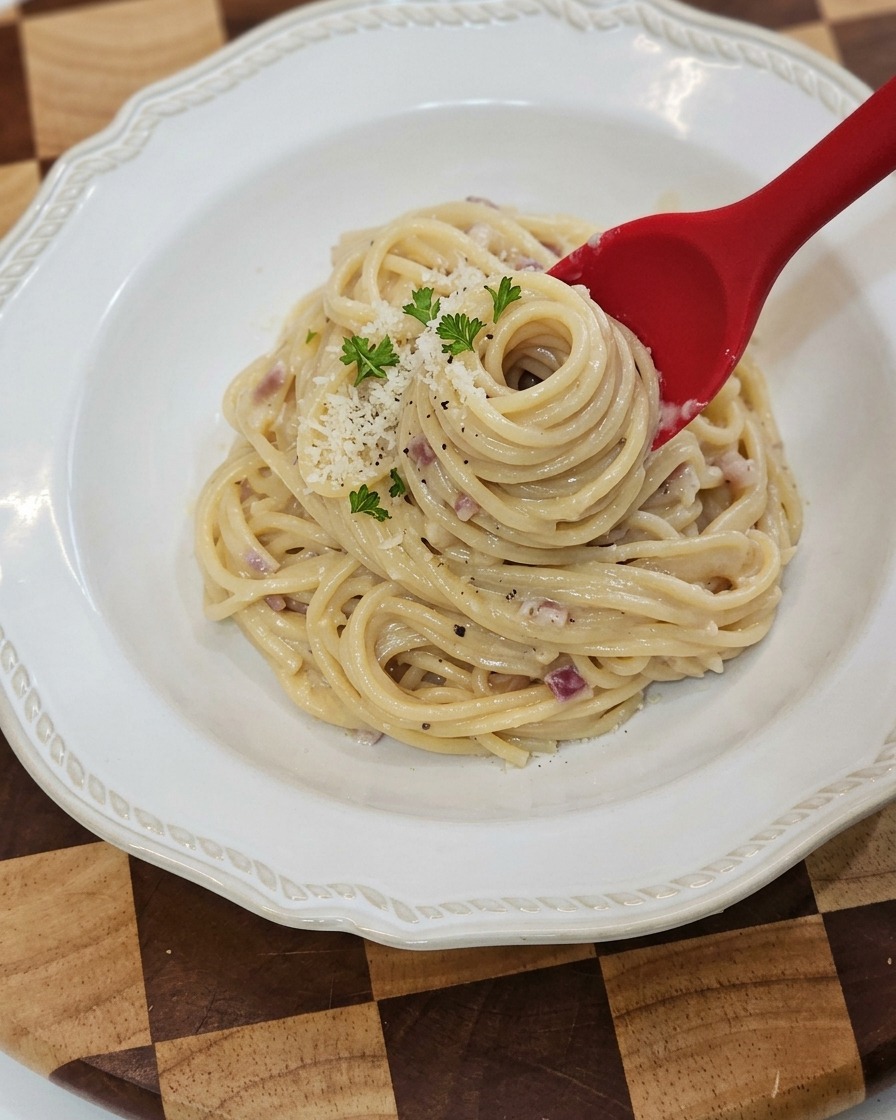 Using red silicone tongs to twirl creamy chicken and mushroom spaghetti and plate it into a white textured serving bowl.