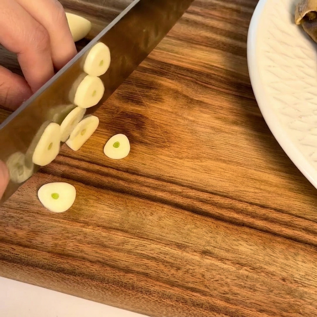 Fresh garlic cloves being thinly sliced into rounds on a wooden board.