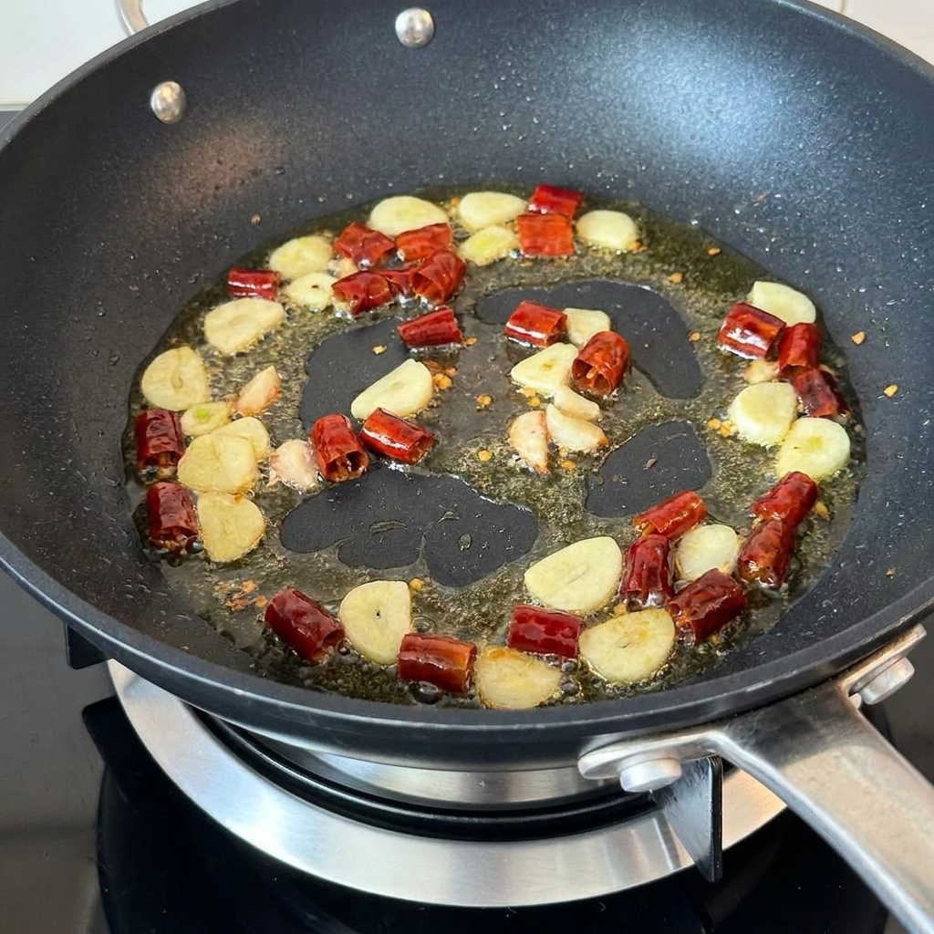 Chopped mushrooms stir-frying with garlic and dried chilies in a pan.