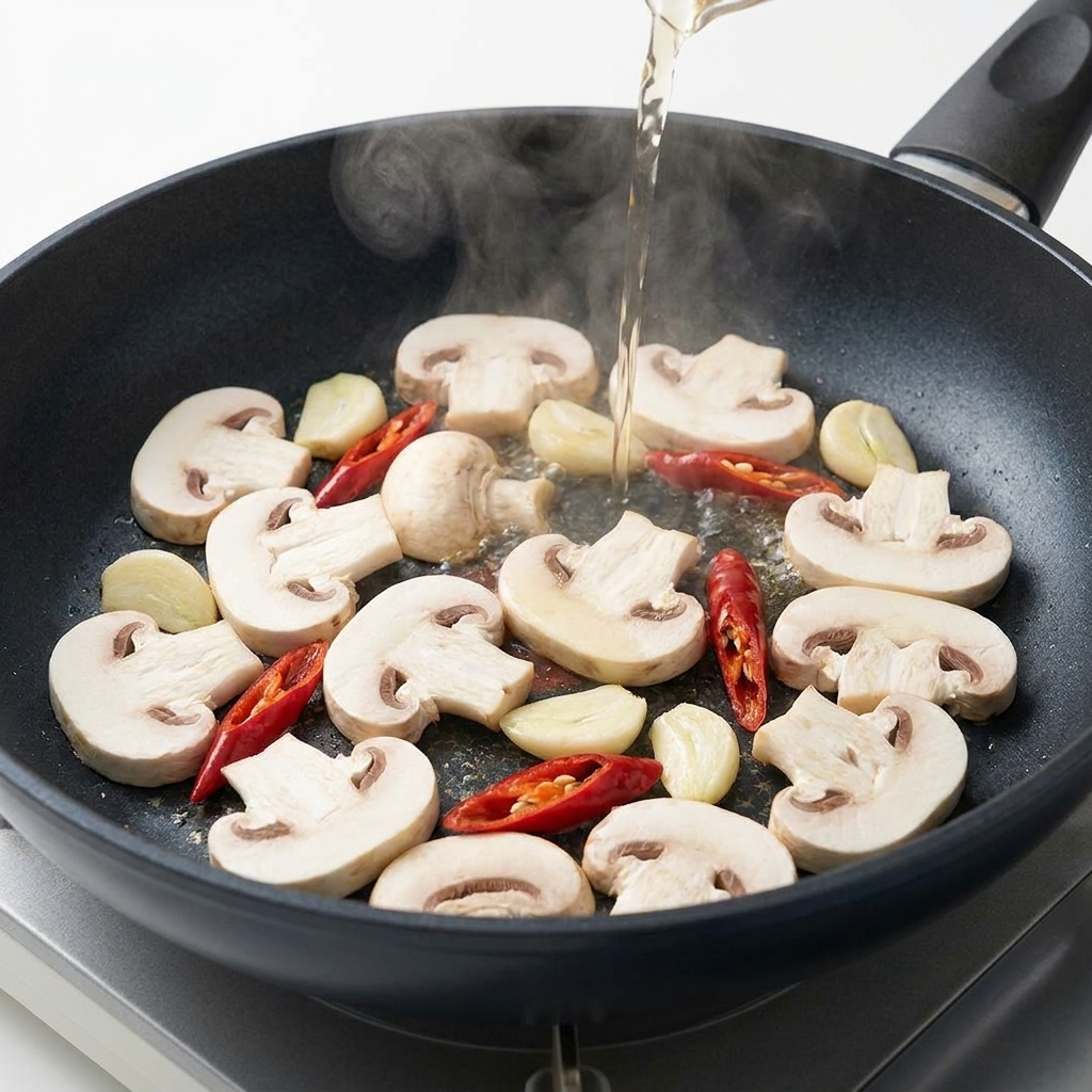Clear white wine being poured from above into a pan filled with sliced mushrooms, whole garlic cloves, and dried red chili peppers.