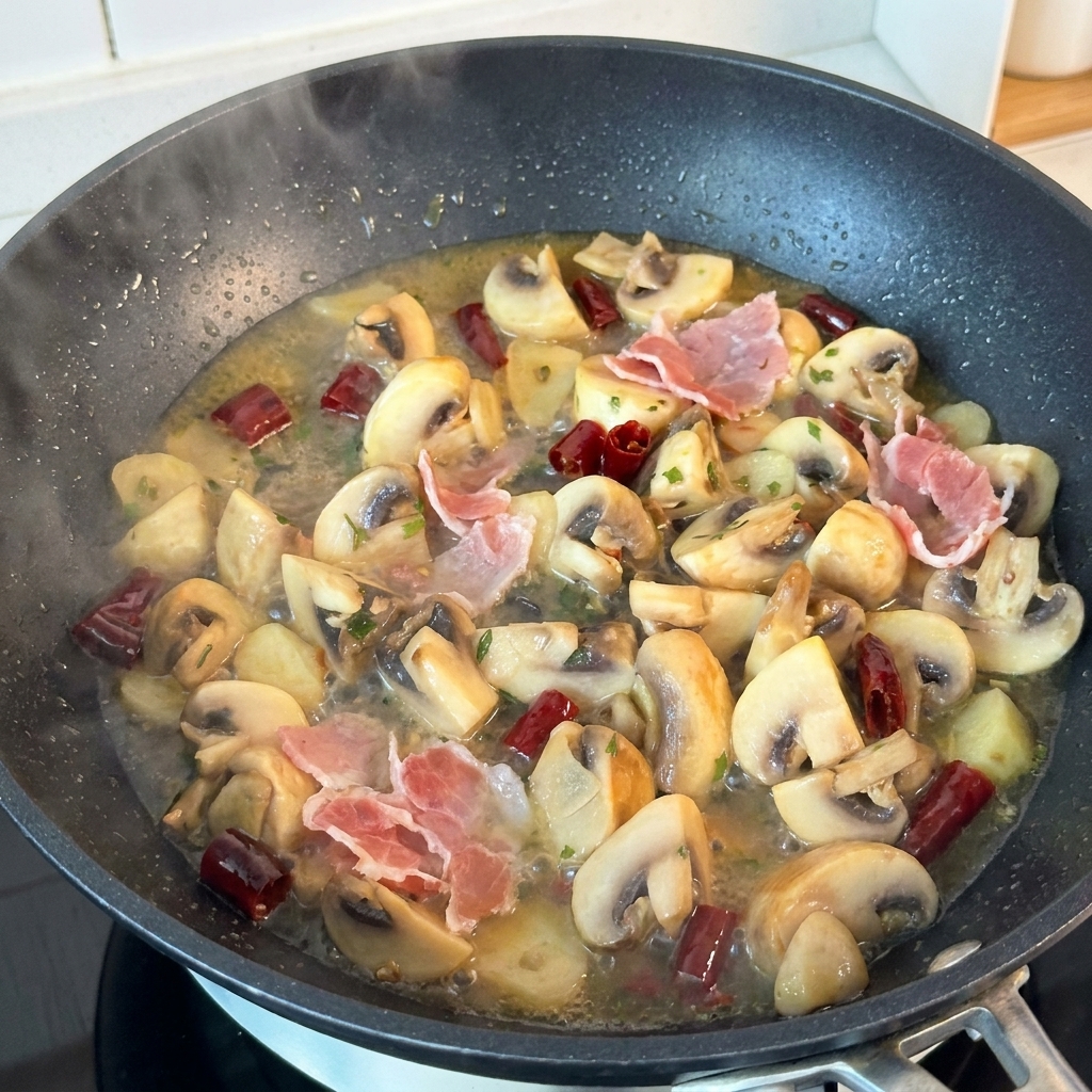 Torn pieces of pink cured ham resting in a hot pan alongside cooked mushrooms, garlic, and a rich, buttery sauce.