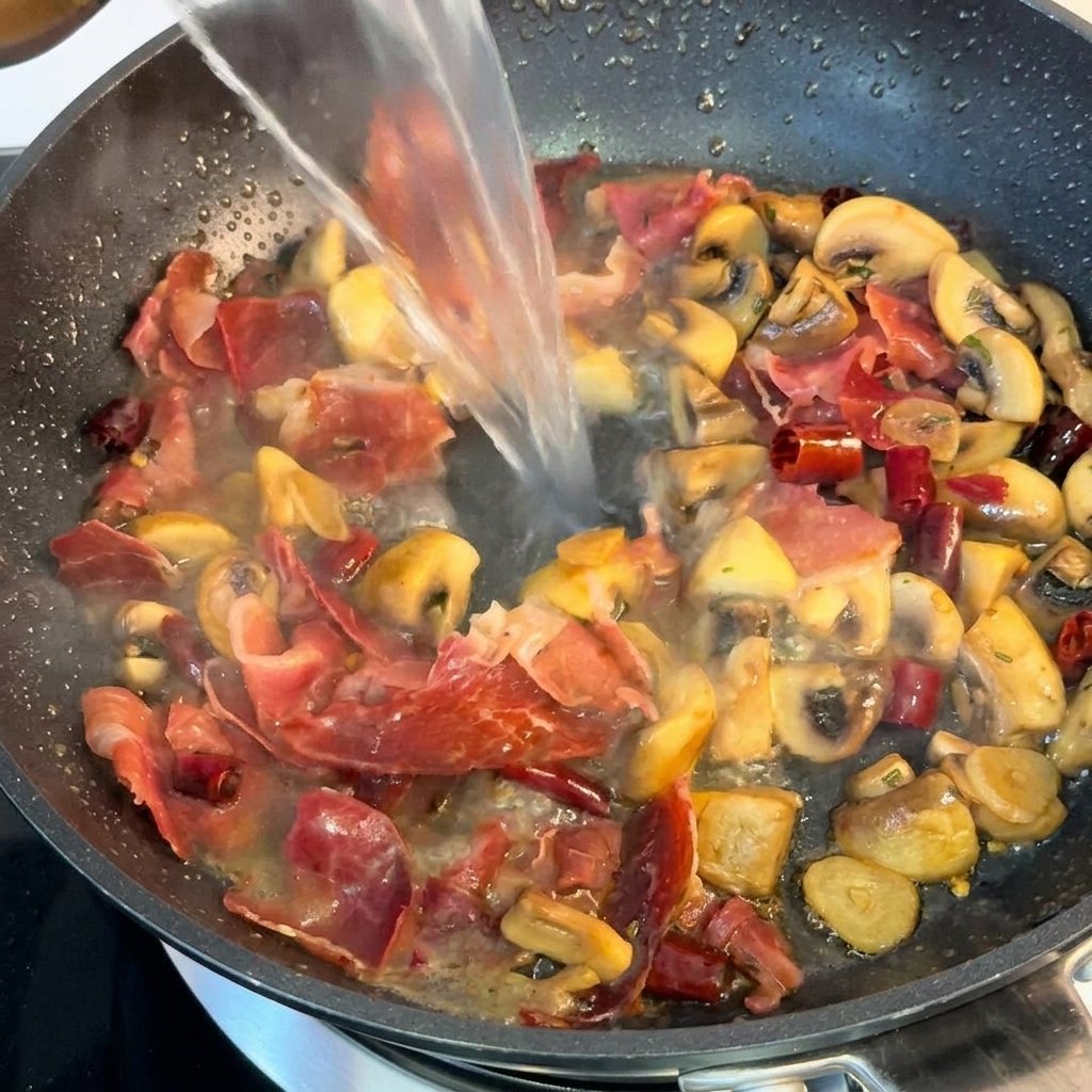 A stream of starchy pasta water being poured into a pan containing a rich sauce with savory ham and cooked mushrooms.