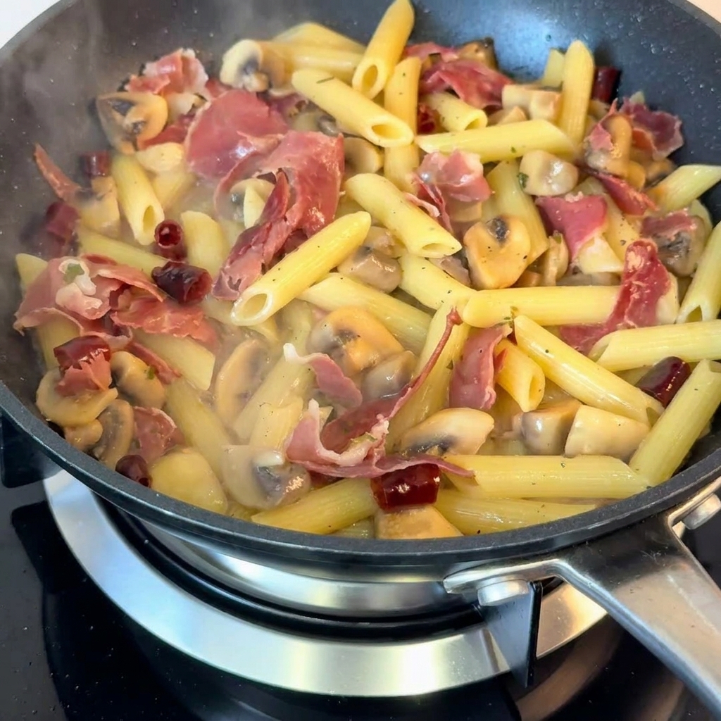Close-up of the finished pasta dish in the pan, being garnished with a generous sprinkle of chopped green onions.