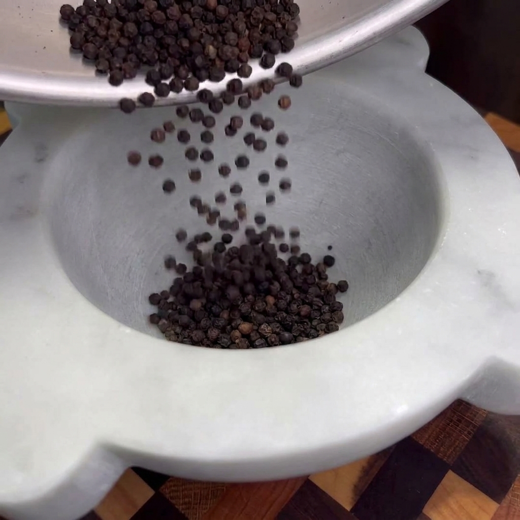 A marble mortar and pestle containing toasted black peppercorns being ground.