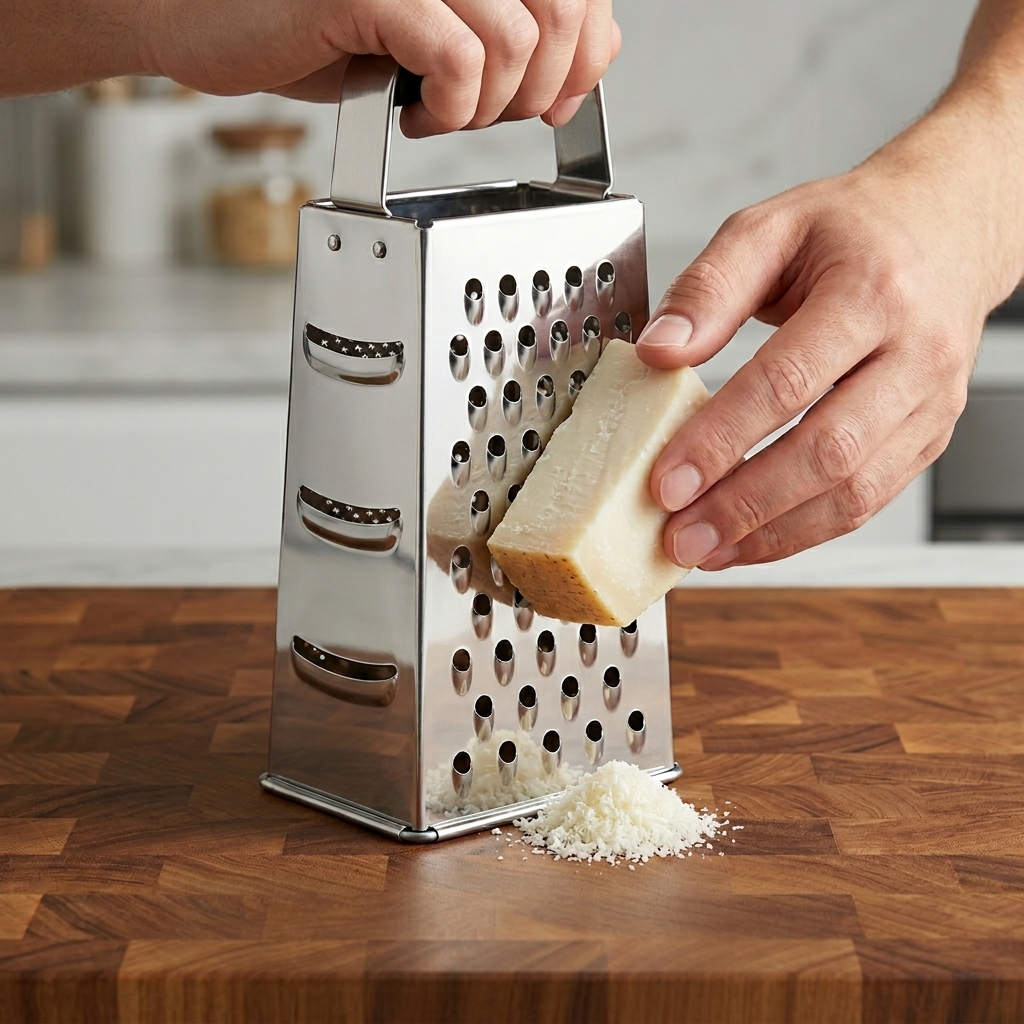 Hand grating a block of Pecorino Romano cheese on a metal box grater.