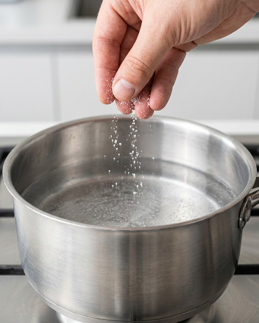 Long strands of spaghetti being dropped into a large pot of boiling water.