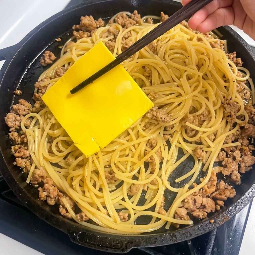 A slice of yellow cheese being placed over hot pasta in a skillet.