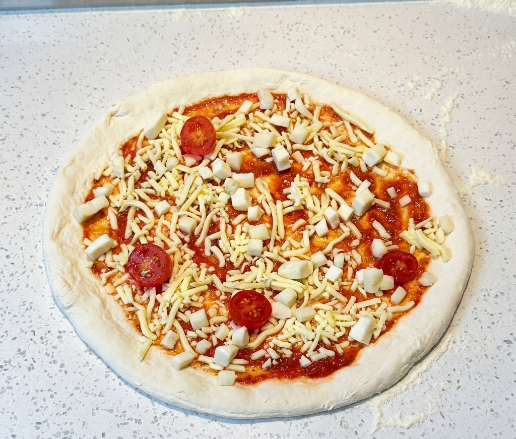 Uncooked pizza topped with tomato sauce, shredded cheese, and scattered cherry tomato halves.