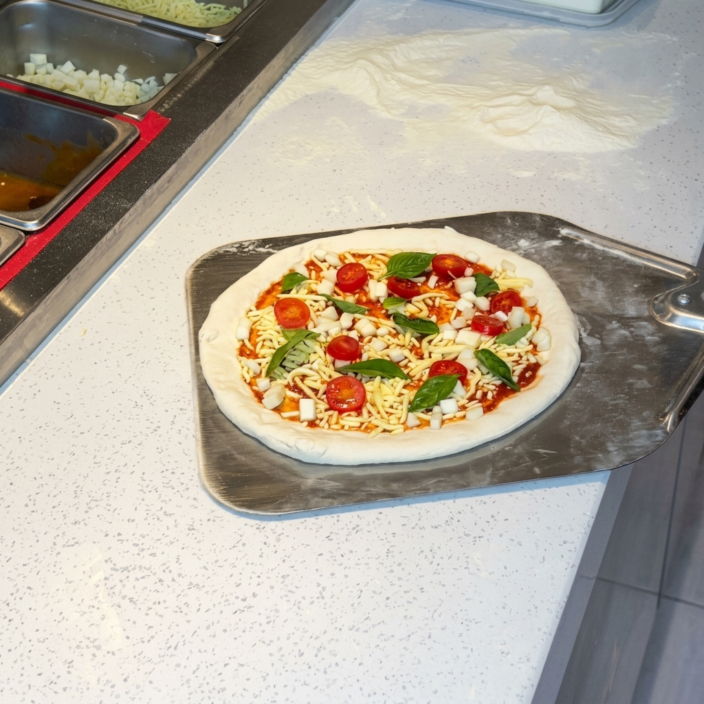 An assembled Margherita pizza on a metal pizza peel ready to be placed into the oven.