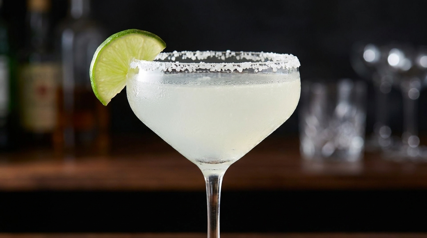 A classic Margarita cocktail in a chilled coupe glass with a salt rim and fresh lime wedge.