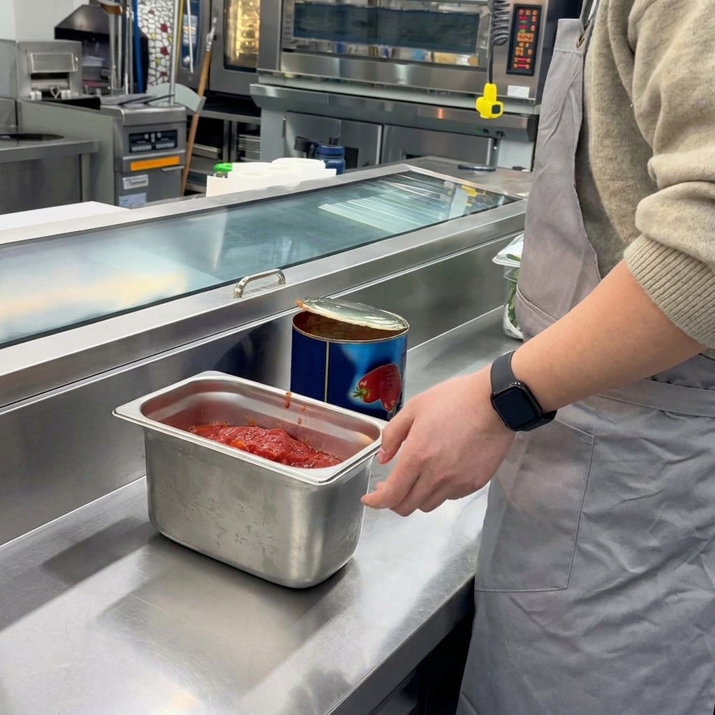 Salt being sprinkled from a hand into a stainless steel container of crushed tomatoes.
