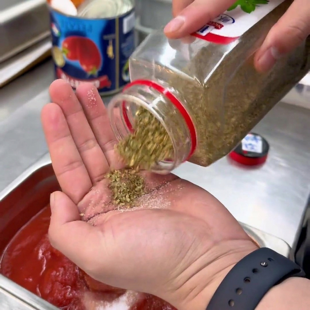 Dried oregano being sprinkled from a palm into a metal container of tomato sauce.